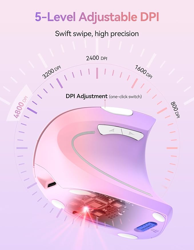TECKNET Ergonomic Mouse Wireless Rechargeable Vertical Mouse for Carpal Tunnel Right Hand 4800 DPI 5 Adjustable Levels 2.4GHz with USB-A Receiver Silent Click for Laptop PC MacBook Desktop