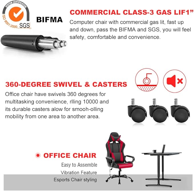 PC Gaming Chair Office Chair Racing Desk Chair with Lumbar Support Arms Headrest Massage High Back PU Leather Ergonomic Computer Chair Rolling Adjustable Swivel Chair for Women Men Adult Red