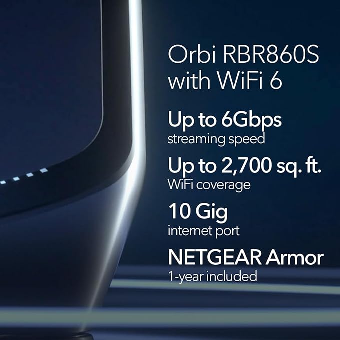 NETGEAR Orbi Tri-Band WiFi 6 Router (RBR860S) - Coverage up to 2700 sq. ft 100 Devices -10 Gig Internet Port - AX6000 802.11ax (up to 6Gbps) (Renewed)