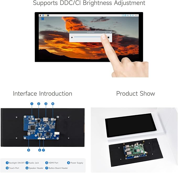 waveshare 10.4inch QLED Quantum Dot Display 1600×720 Resolution Compatible with Raspberry Pi 5/4B/3B/Zero/Zero W/Zero 2W/Pico/Pico W/Pico WH Jetson Nano and PC