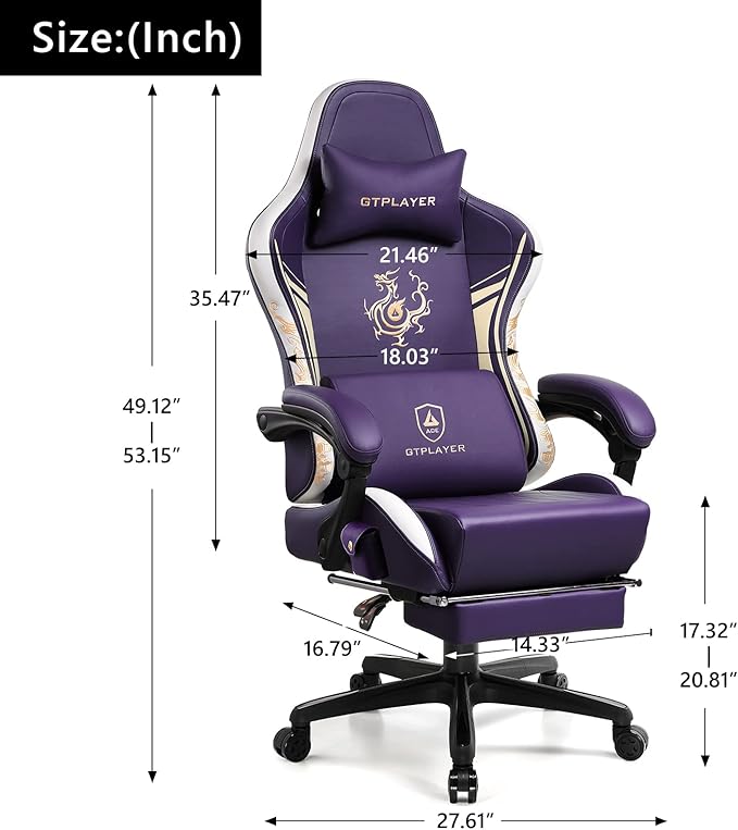 GTPLAYER Gaming Chair with Bluetooth Speakers and Footrest Dragon Series Video Game Chair Heavy Duty Ergonomic Chair Esports Gaming Chair Computer Office Desk Chair (Purple)