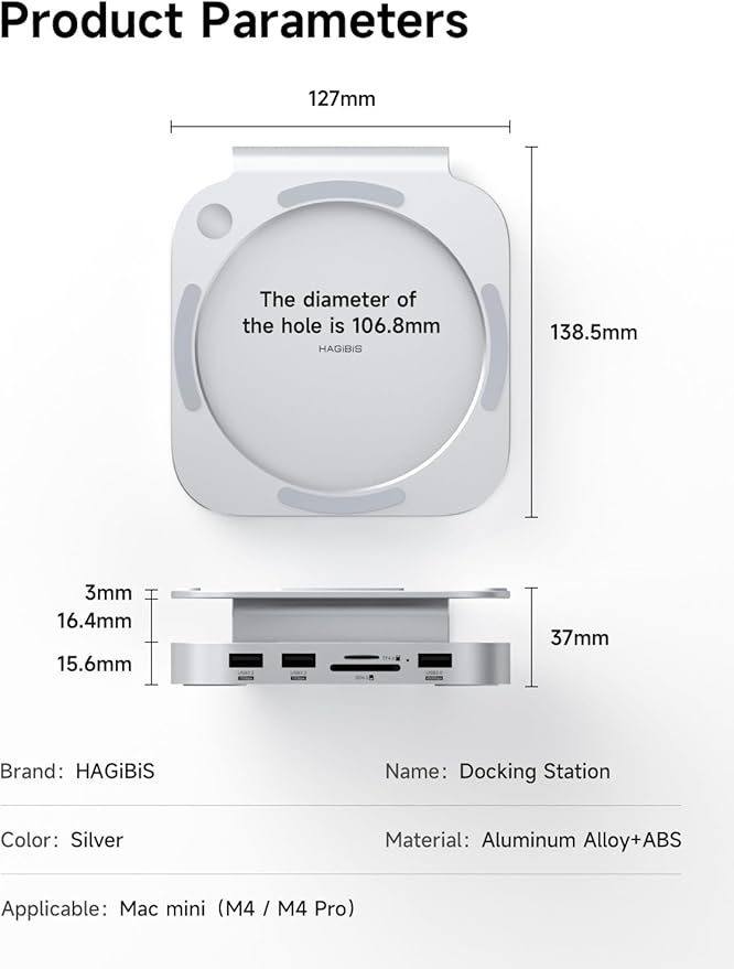 Hagibis Mac mini M4 Hub &amp Stand with SSD Enclosure 3 in 1 USB Type-C Docking Station with M.2 NVMe SSD Case 4K@60Hz HDMI 10Gbps USB3.2 Gen2 SD4.0 TF4.0 5V/2A Power Supply for M4 Pro (MC60H)