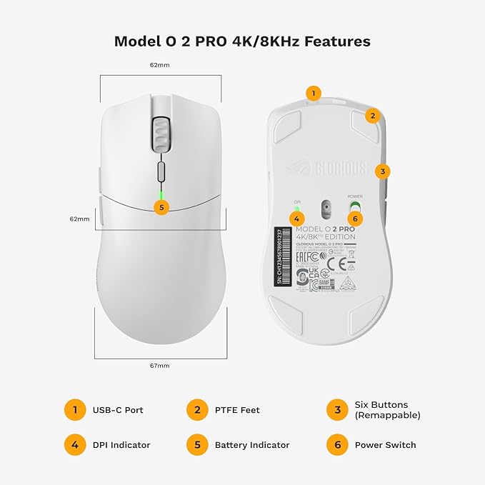 Glorious Gaming Model O 2 PRO 4K/8K White Wireless Gaming Mouse - 2.4GHz Wireless 1ms delay 4K/8K Polling 100M clicks 59g Ultralight Long Battery Life 26K DPI BAMF 2.0 Sensor 6 Buttons