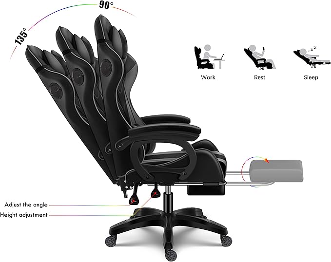 RGB Gaming Chair with Massage and Footrest Ergonomic Pro Computer Chair with LED Lights and Speakers High Back Music Video Chair with Lumbar Support and Headrest for Adult Teens. (White + Pink)