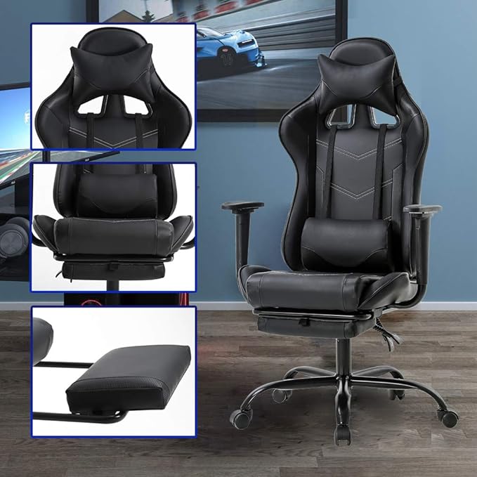 Gaming Chair Video Game Chair with Lumbar Support and Footrest Height Adjustable Ergonomic Computer Gaming Chair with 360° Swivel Seat and Headrest and for Office or Gaming (Black)