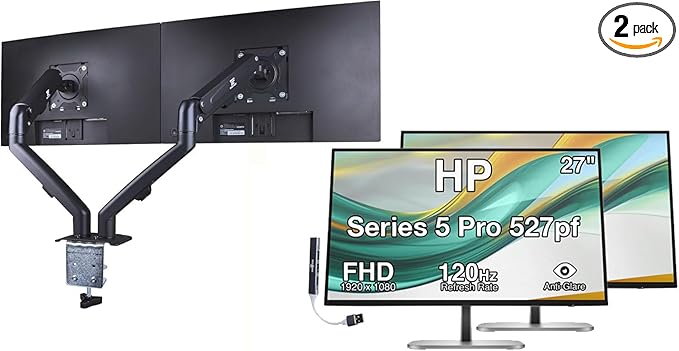HP Series 5 Pro 527pf 27 FHD IPS Monitor with 5ms Response Time Anti Glare Flicker Free VESA Mount (100mm) Displayport HDMI Black (B28F5UT#ABA) 2 Pack w/DKZ Hub &amp ErgoFlexy Dual Mount Arms