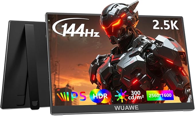 WUAWE Portable Monitor 16 16:10 IPS Travel Monitor for Laptop 100% sRGB Control USB-C HDMIHDR Freesync Display Plug&ampPlay for Phone PS5 Switch (2.5K|144HZ Black 16inch)