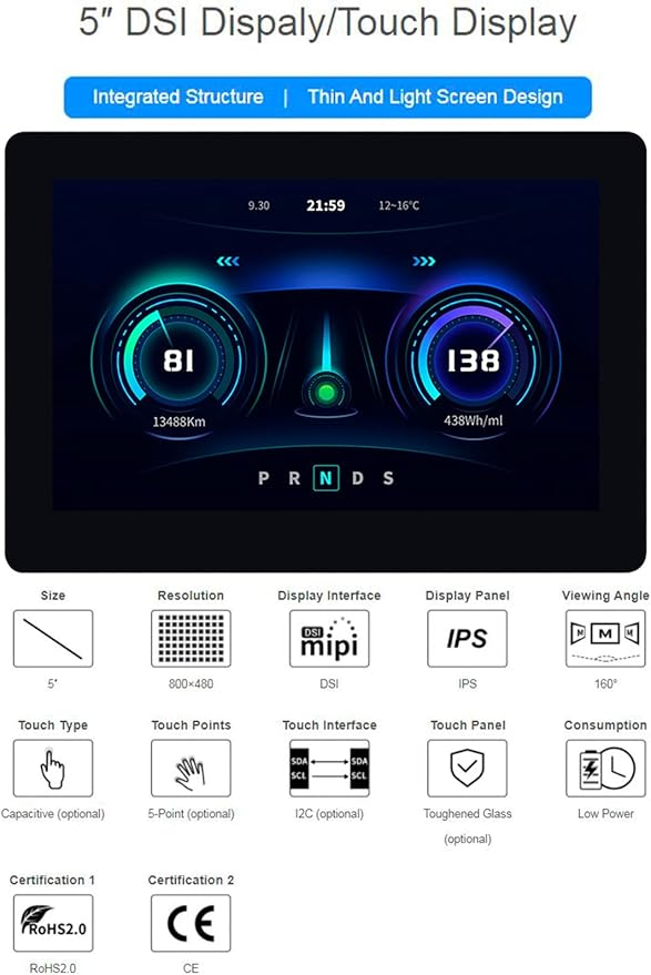 waveshare 5inch DSI Touch LCD Display 800 x 480 Capacitive Touch IPS Screen 160° Viewing Angle Adjustable Brightness Via Software for Raspberry Pi 4B/3B+/3A+/3B/2B/B+/A+ Compute Module 4/3/3+