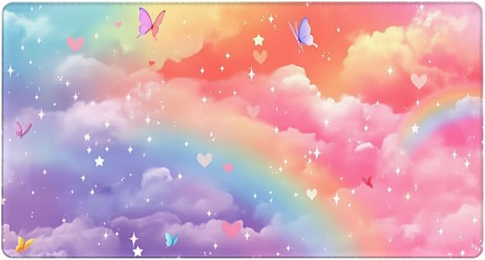 Rainbow and Clouds with Butterflies Desk Cover MatExtended Large Mouse PadComputer Laptop Mat Desk Decor for Office Game Home 30x16 Inch