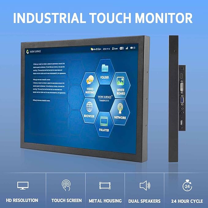 VSDISPLAY Portable Industrial Monitor with Dual Speaker15 Inch 1024x768 4:3 IPS LCD Touchscreen and VGA DVI Video InputMetal Shell with Bracket