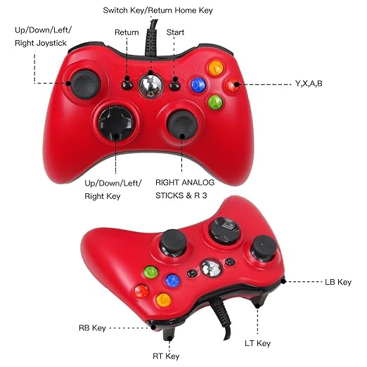 Jaclech USB Wired Vibration Gamepad for Xbox 360 Console and for Windows 10 8 7 PC (Red)