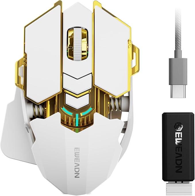 EWEADN G5 Wireless Gaming mouse 12800 Adjustable DPI Ergonomic Mouse with 6 RGB Backlit Modes Rapid Fire Key 9 Programmable Macro Buttons Rechargeable Bluetooth Mouse for PC/Mac/Laptop - White