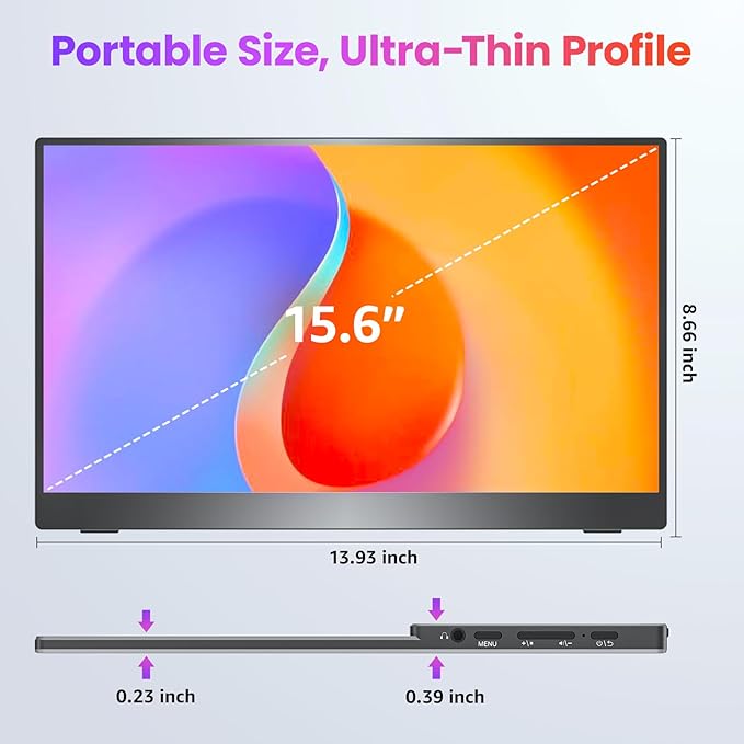 Portable Monitor 15.6 inch FHD 87% sRGB 60Hz IPS HDR HDMI USB-C Travel Monitor for Laptop MacBook PC Surface PS5 Xbox External Display with Kickstand &amp Speakers VESA Compatible