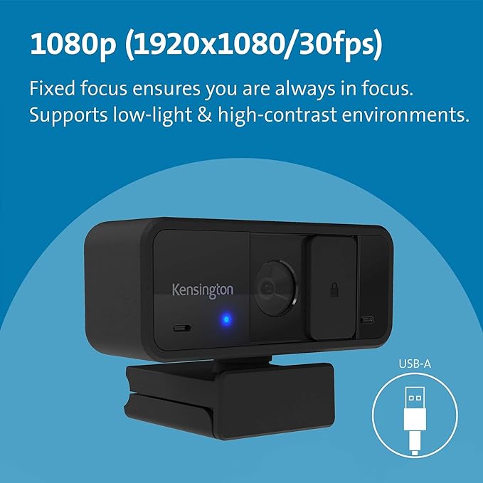 Kensington W1050 1080p Fixed Focus Wide Angle Webcam for Video Conference Dual Stereo Mic Software Control Privacy Cover Works with Microsoft Teams Google Meet Zoom and More (K80250WW)