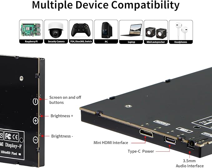 CUQI 7 Inch Mini Monitor IPS 1024 × 600 HDMI Portable Monitor with Leather Stand for Raspberry Pi 5/4 Laptop PC Switch Xbox PS4