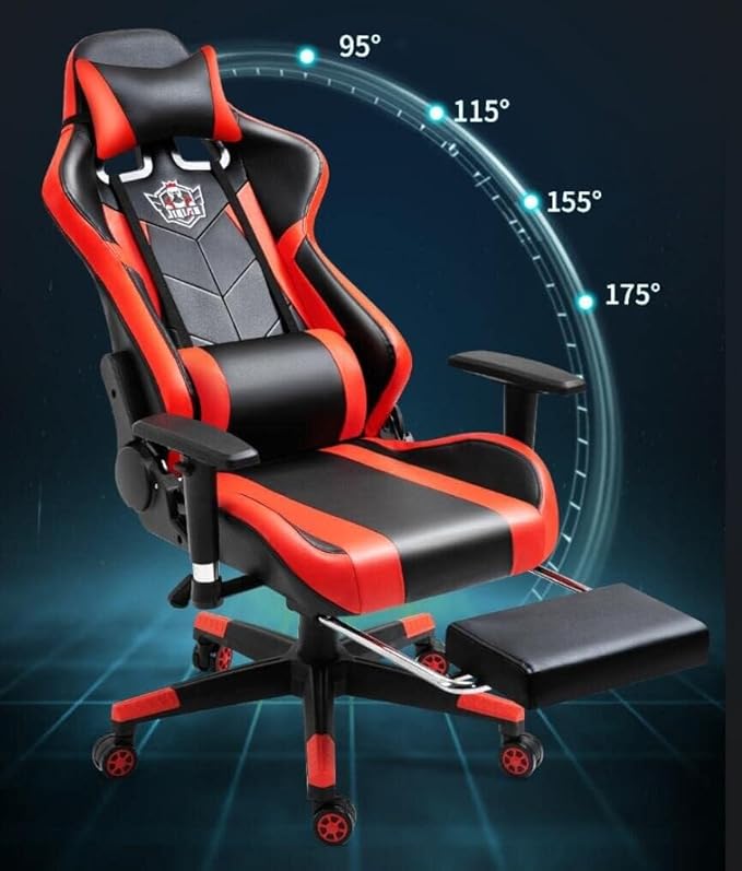 Gaming Chair with Massage Lumbar Support Racing Office Chair with Retractable Footrest Adjustable Armrest Swivel Task Chair for Adults Heavy Duty PU Leather(Blue)