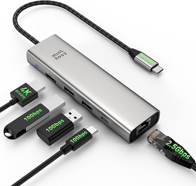 Minthouz 6-in-1 USB C Hub 4K@144Hz HDMI 100W PD Charging 10Gbps USB-C/A Ports 2.5G Ethernet Compatible with MacBook Neo M1/M2/M3 Surface HP Lenovo Laptops