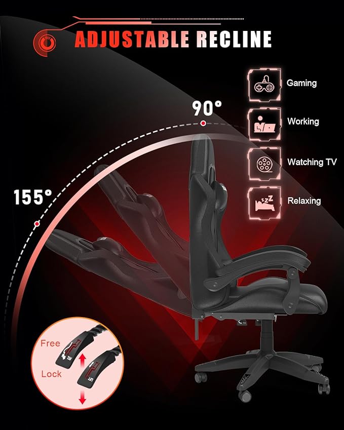 Gaming Chair with RGB LED Lights Ergonomic Computer Chair with Headrest and Lumbar Support PU Leather High Back Height Adjustable Swivel Video Game Chairs for Adults(Black)