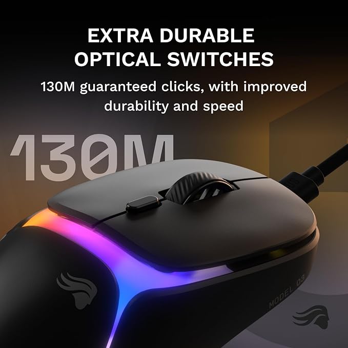GLORIOUS Gaming Model O3 Wired Gaming Mouse - Ultralight 54g Weight 130M Click Optical Switches 30K DPI BAMF 3.0 Sensor 750 IPS Tracking 50G Acceleration Supports All Grip Types - Black