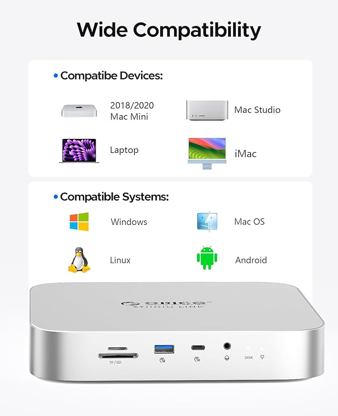 ORICO StudioLink Mac mini Hub with SSD Enclosure &amp 7-in-1 Ports | NVMe/SATA M.2 SSD Dock for Mac mini M1/M2/Mac Studio | 10Gbps USB-C SD/TF Card Reader 3.5mm Audio Aluminum Alloy