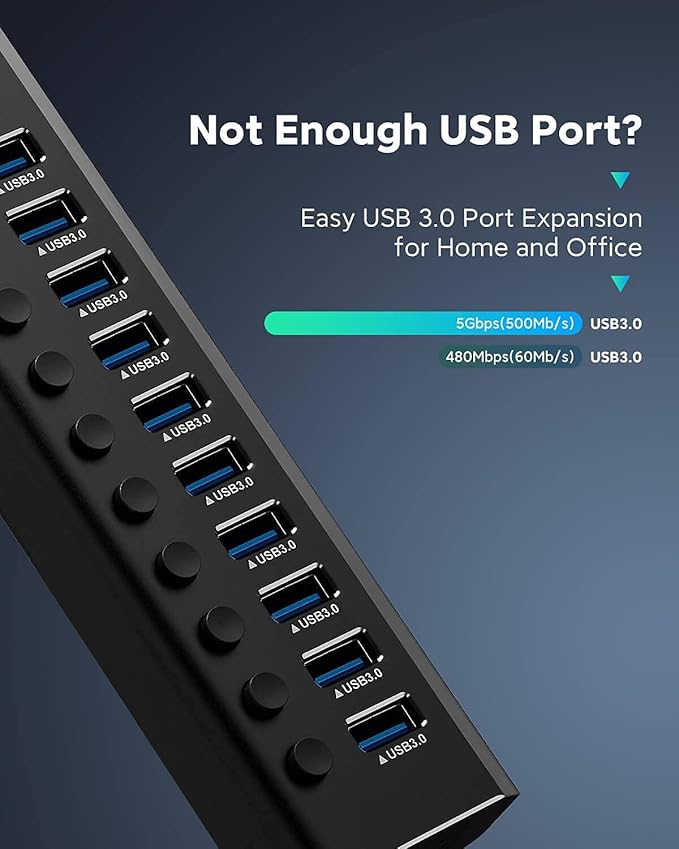 Powered USB Hub Rosonway Aluminum 10 Port USB 3.0 Data Hub with 36W (12V/3A) Power Adapter and Individual On/Off Switches USB Splitter(RSH-A10) (Pack of 2)
