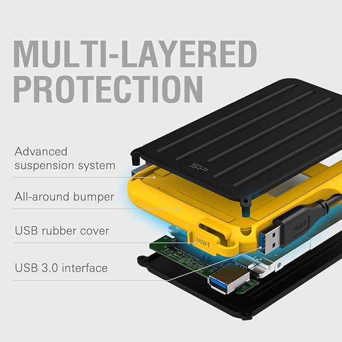 SP020TBPHD66SS3Y SP Silicon Power Portable Hard Drive 2TB 2.5 Inch External USB 3.2 Gen1 Compatible (USB3.1 / USB3.0 / USB2.0 Compatible) IPX4 Waterproof Shockproof Yellow