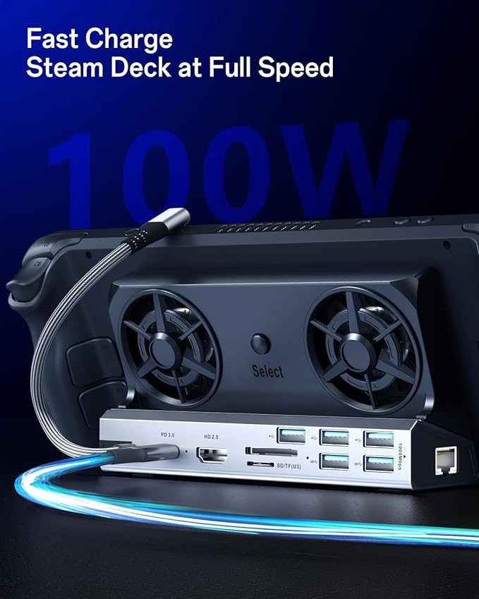 Dual Cooling Fans 13 in 1 Steam Deck Docking Station with 4K@60Hz 5 USB Ports1000MbpsSD/TF SlotUSB-C 100W PD 40Gbps Adapter for Steam Deck/Rog Ally/Switch/Legion Go