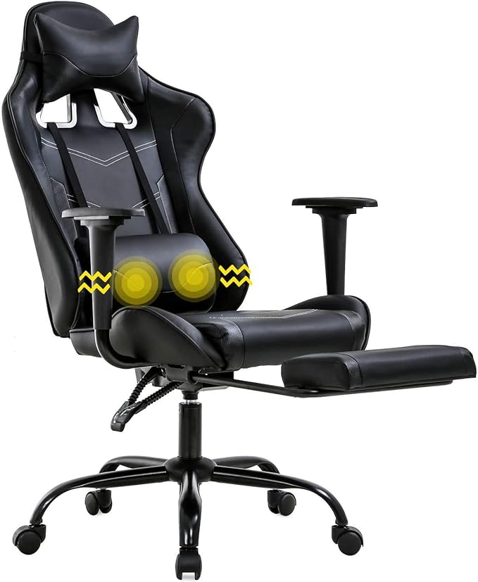 Gaming Chair Video Game Chair with Lumbar Support and Footrest Height Adjustable Ergonomic Computer Gaming Chair with 360° Swivel Seat and Headrest and for Office or Gaming (Black)