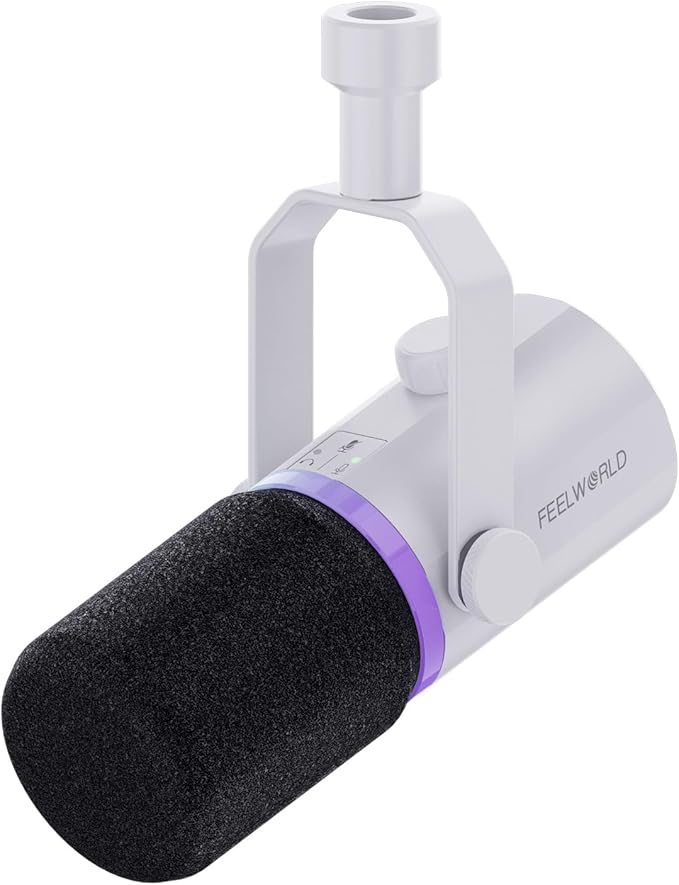 FEELWORLD PM1 XLR USB Dynamic Microphone Gifts for Podcast Recording PC Computer Gaming Live Streaming Vocal Voice-Over Studio Metal Mic with RGB Light Mute Button Headphones Jack (White)