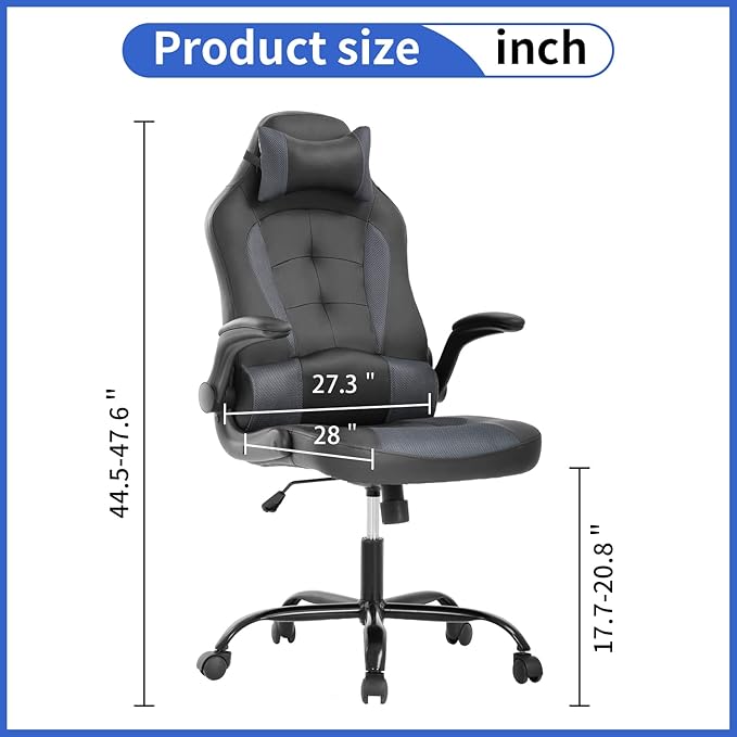 BLKMTY PC Gaming Ergonomic Computer Chair - Adjustable Office Swivel Video Game Racing Chair with Lumbar Support and Headrest - High Back Executive for Adults Grey
