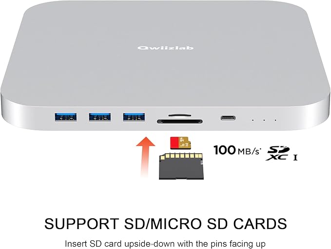 Qwiizlab Dual Drive Enclosure with Docking Station for Mac mini Mac Studio 10Gbps USB-C Hub Card Readers 104MB/s 4K HDMI &amp DP Fits M.2 NVMe/SATA SSD 2.5-inch SATA SSD/HDD (Silver)