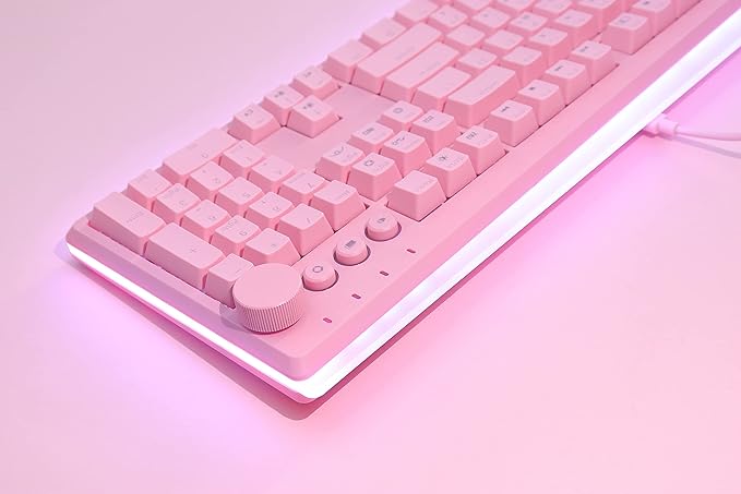 i-rocks K71M RGB Mechanical Gaming Keyboard with Media Control Knob Switches (Brown) 107 Keys w/Full NKRO PBT Keycaps Multimedia Hotkeys Detachable USB-C Cable and Onboard Storage Pink