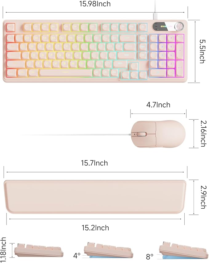 C98 Wired Keyboard and Mouse Combo Wired Computer Keyboards with Wrist Palm Double-Shot Keycaps Silent RGB Backlight Keyboard for Windows/MAC/PC (Creamy Pink)