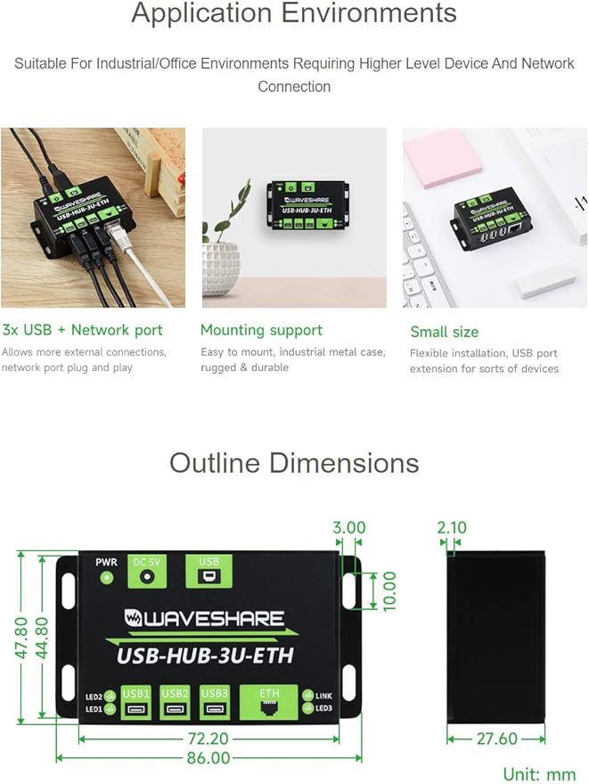 Waveshare Industrial Grade Multifunctional USB HUB Extending 3X USB Ports + 100M Ethernet Port Suitable for Industrial/Office Environments Requiring Higher Level Device Without Power Supply