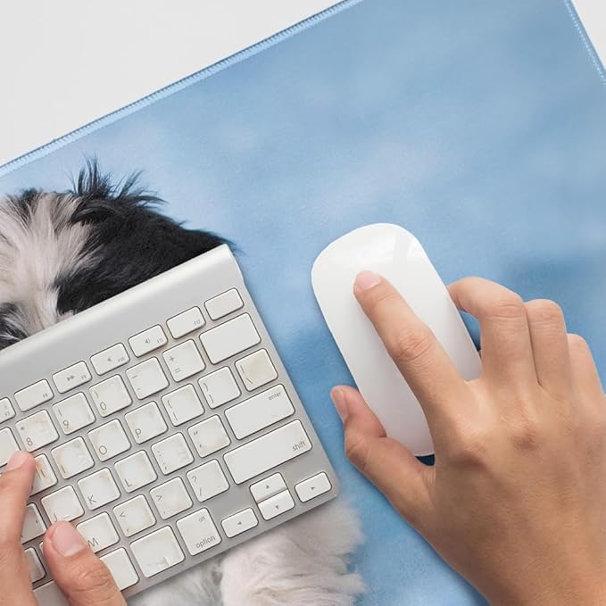 Shih Tzu Dog Black White on Blue Large Gaming Mouse Pad Desk Mat with Stitched Edges Non-Slip Base