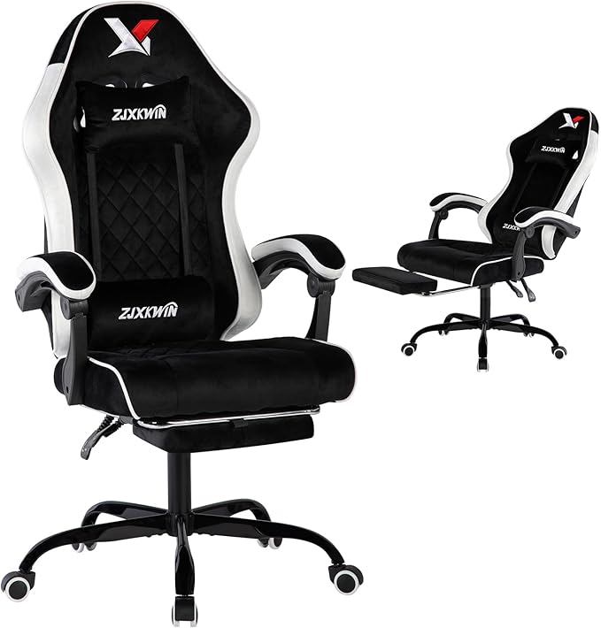 Gaming Chair with Footrest Ergonomic Computer Chair with Headrest &amp Lumbar Support Skin-Friendly Velvet Adjustable Height &amp Backrest Linked Armrest for Gamer Home Adults Office RestWhite