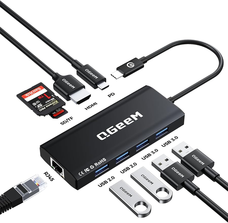 QGeeM USB C Hub Ethernet9 in 1 USB Type C Hub HDMI Multi-Port Converter Adapter100W Pd USB 3.0SD/TF Card ReaderCompatible for MacBook Pro Air Ipad HP Dell Lenovo Chromebook etc.-Black