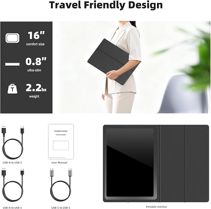 Portable Gaming Monitor 16 Inch 144Hz 1920x1200 FHD+ USB-C Portable Monitor HDR IPS Second Screen for Laptop MacBook Pro PC PS5 Xbox Switch