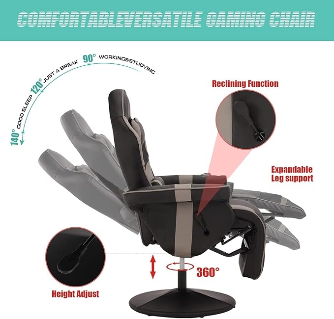 LVUYOYO Reclining Gaming Chair Gaming Chair with Footrest and Massage High Back PU Leather Gaming Recliner w/Adjustable Height Swivel Game Chair with Lumbar Support Cup Holder Headrest