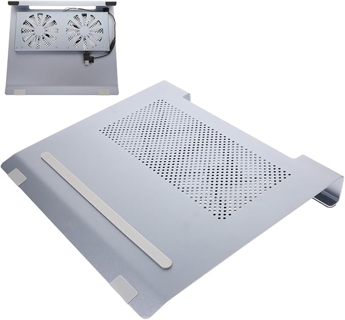 Aluminum Alloy Laptop Cooling Pad Stand with Dual USB Fans Ventilated Alloy Laptop Riser for Gaming and Office Use Portable Gray Cooling Support for Notebooks