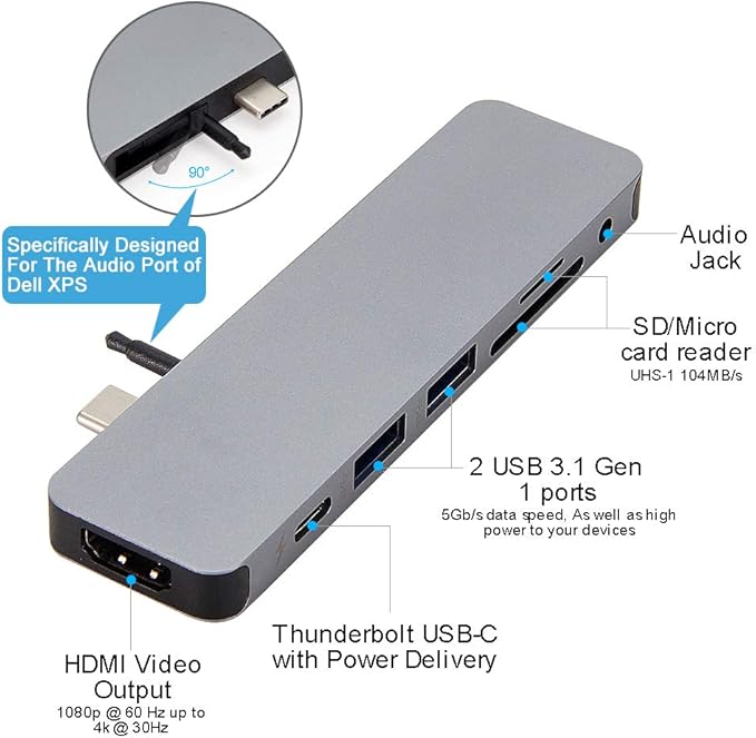 HyperDrive USB-C Hub Adapter Sanho Solo 7-in-1 Type C Dongle for MacBook Pro PC w USB-C Port: USBC 60W Power Delivery USBC 5Gbps Data 4K HDMI microSD/SD Card Reader 2xUSB 3.0 Audio Jack - Grey
