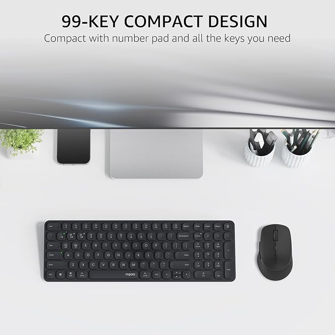 Rapoo Wireless Keyboard and Mouse Combo Blade-Series E9310M 99-Key Ultra-Thin Keyboard and M300G Silent Mouse Support 4 Devices Quiet Compact Battery Powered for Windows/Mac/Linux/Chrome