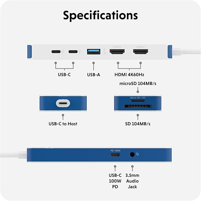 HyperDrive Flex 9-in-1 USBC Docking Station Dual Monitor HDMI Hub — 2 HDMI 4K60Hz 100W PD USB C 2 USB-C 5Gbps USB-A SD/microSD Audio Jack — Blue