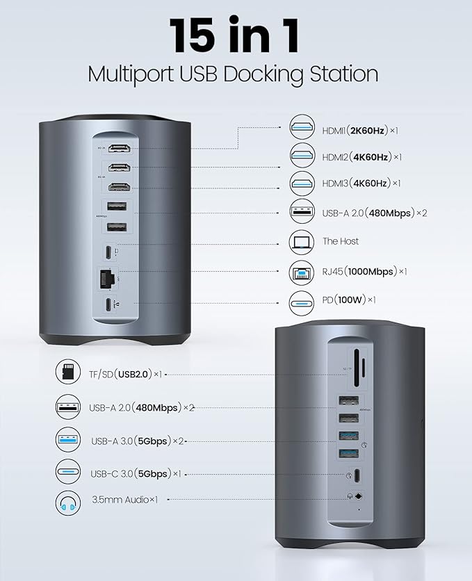 ORICO USB-C Triple Monitor Docking Station with 3 HDMI Ports 15-in-1 USB C Laptop Dock for MacBook Pro M1/M2/Windows 7 USB Ports Ethernet100W PD SD/TF Card Reader 3.5mm Audio (Grey)