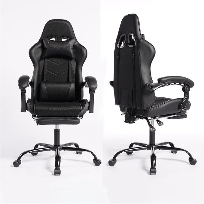 Gaming Chair Ergonomic Computer Chair with High Back Office Computer Chair with Footrest and Massage Lumbar Support Height Adjustable Swivel Video Game Chair (Black)
