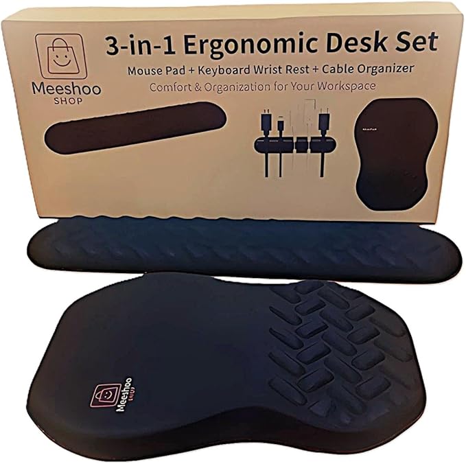 3-in-1 Ergonomic Mouse Pad Set with Keyboard Wrist Rest Support &amp Cable Organizer – Memory Foam for Carpal Tunnel &amp Pain Relief Non-Slip Base – Ideal for Office &amp Gaming – Gift Box – Blac
