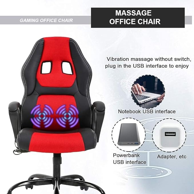 Racing Gaming Chair Ergonomic Video Game Chair with Massage Lumbar Support Headrest Armrest High-Back Adjustable PU Leather Rolling Swivel Computer Desk Chair for Home Office (Red)