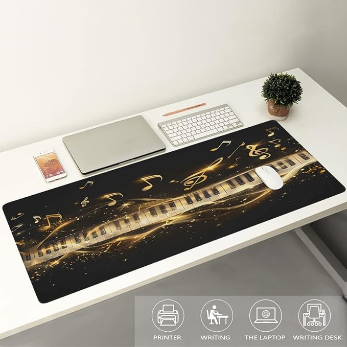 Gold Piano Music Note Large Mouse Pad Gaming Mousepad Desk Mat for Desktop Computer Keyboard Waterproof Mouse Mat Desk Pad with Non-Slip Base for Game School Office Home 35.4 x 15.7