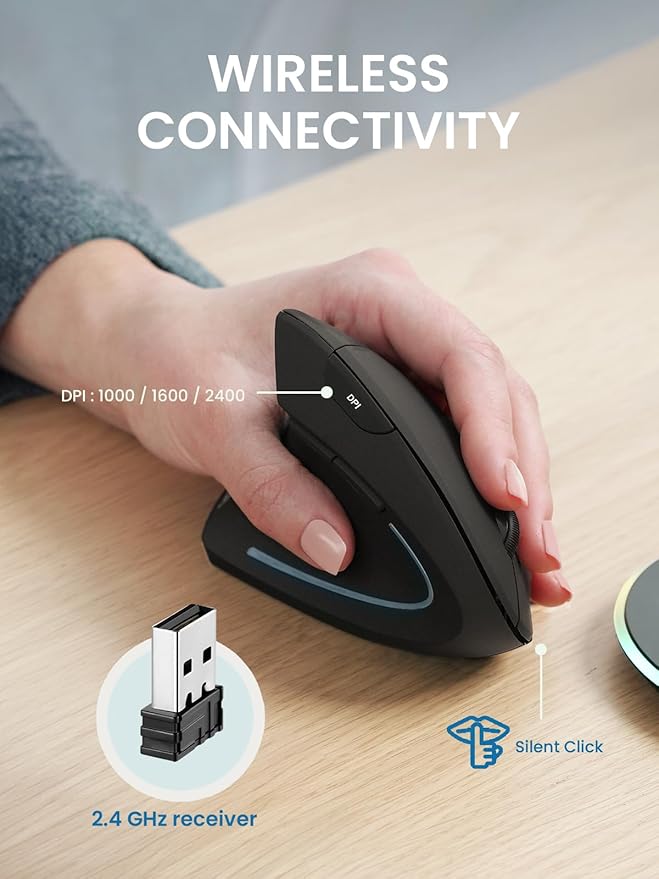 Perixx PERIMICE-713LR - Left Handed Cordless Rechargeable Vertical Mouse - Duo Wired and Wireless Charging Feature - 6 Buttons Design - Left Handed