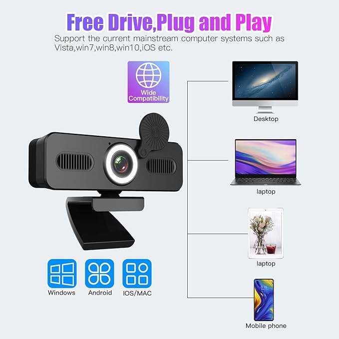 1080P HD Webcam Computer Webcam with Microphone USB PC Web Camera 120-degree Wide Angle with Fill-in Free Drive for Recording Calling Conferencing Gaming Compatible with Windows Vista iOS